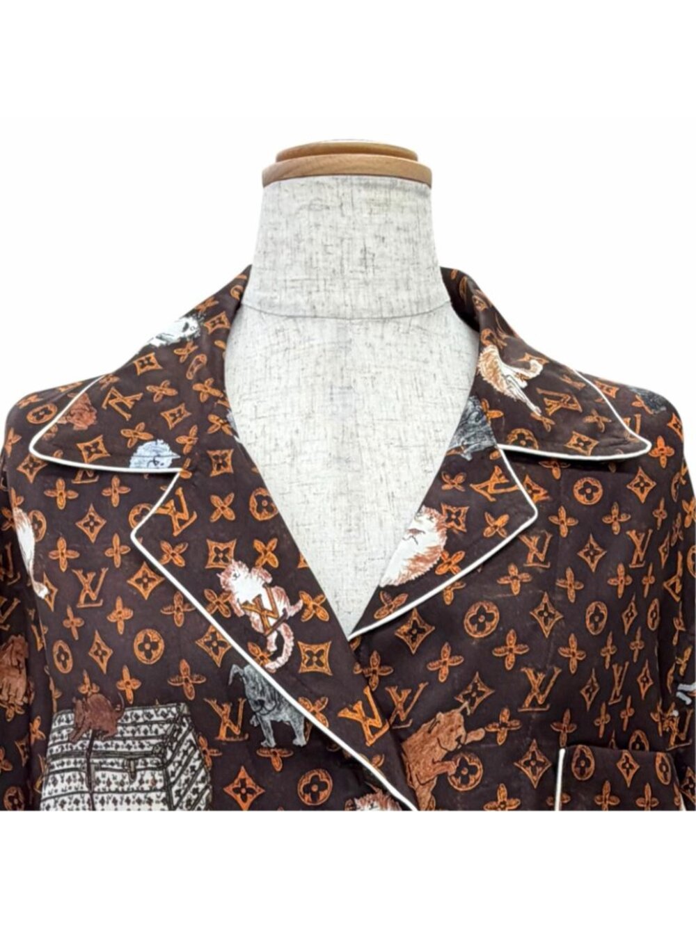 Louis Vuitton Silk 100% Cat Glam Print Cat Long Sleeve Shirt Brown 42 - Picture 2 of 11